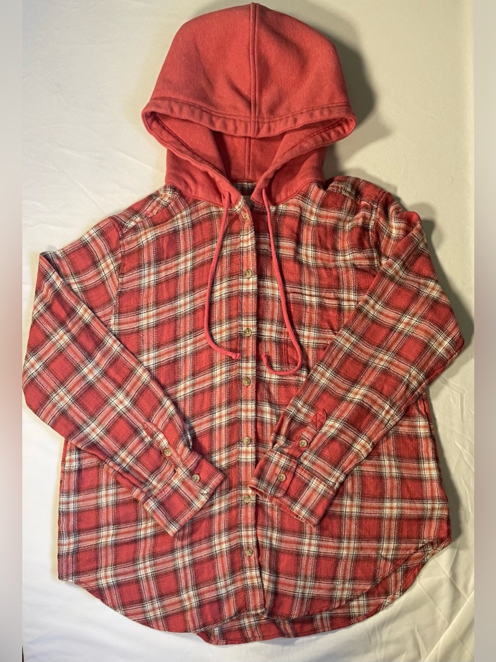 American Eagle Women's Plaid Hooded Flannel Shirt Jacket Coral Red Pink Size M